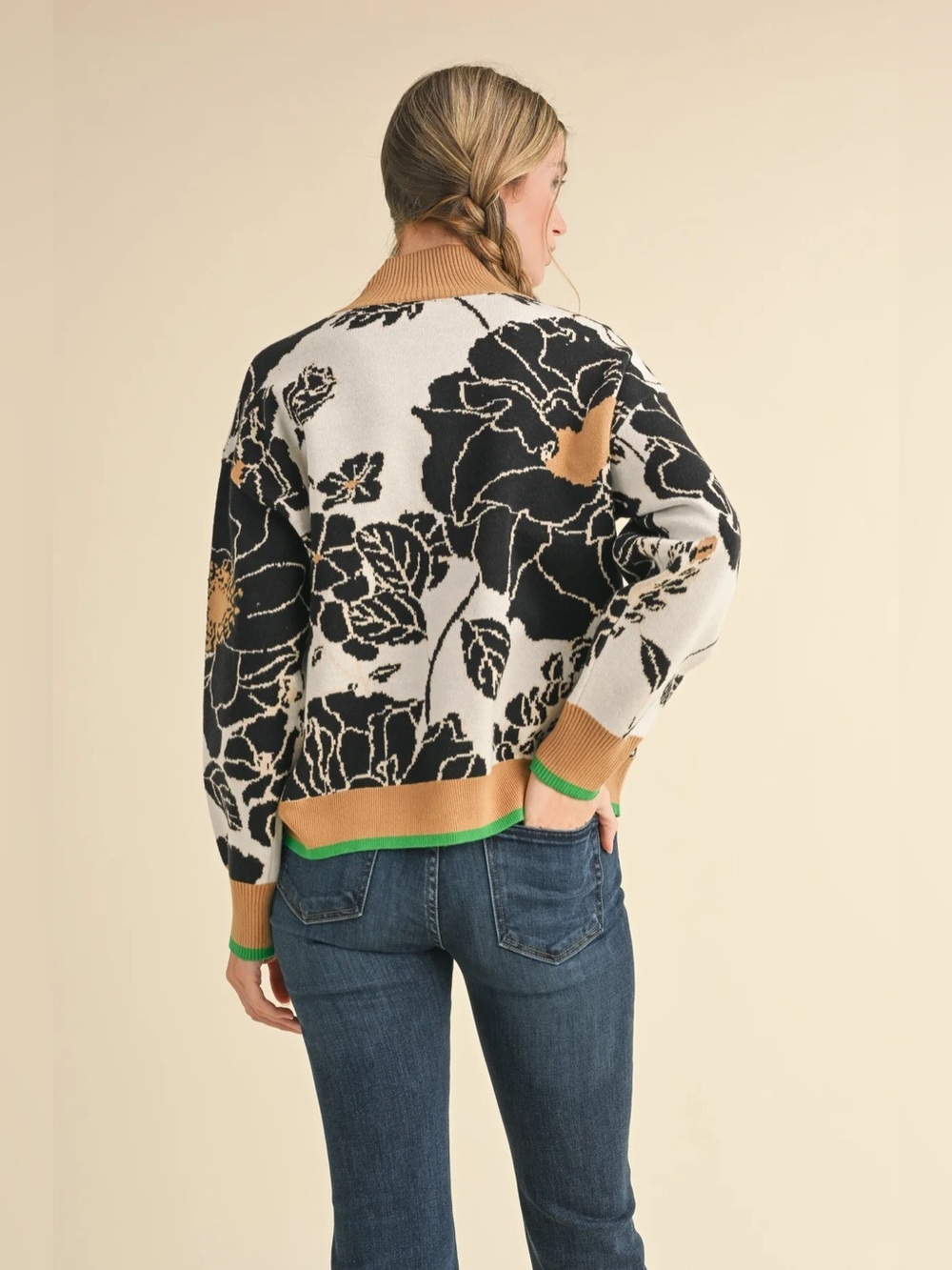 Maeve The Montana Mock Neck Sweater M Anthropologie Black Tan Floral Boxy Chunky - Picture 4 of 13